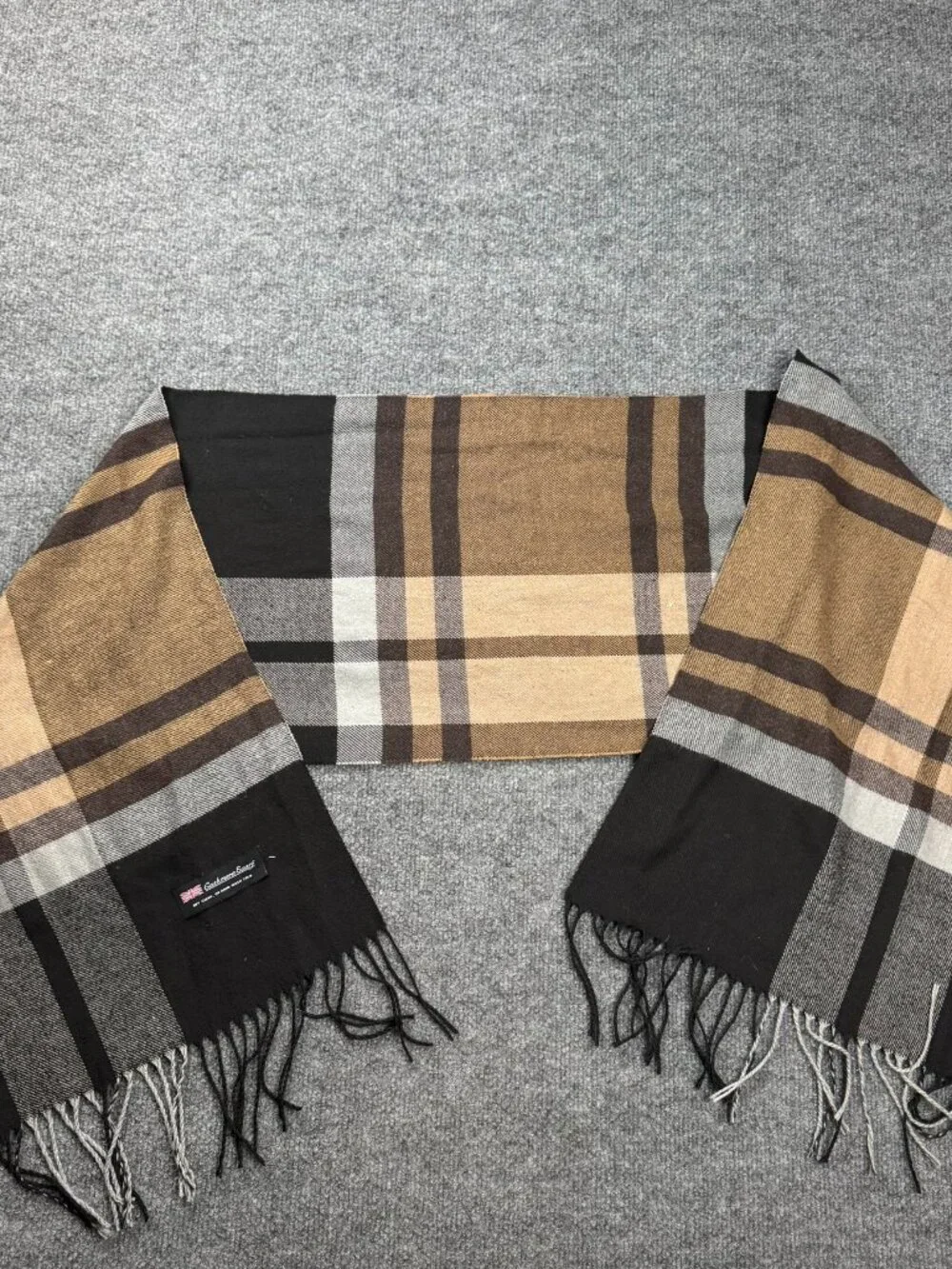 Unisex Cashmere Scarf Plaid Pattern Tan Black Grey Fringe Detail